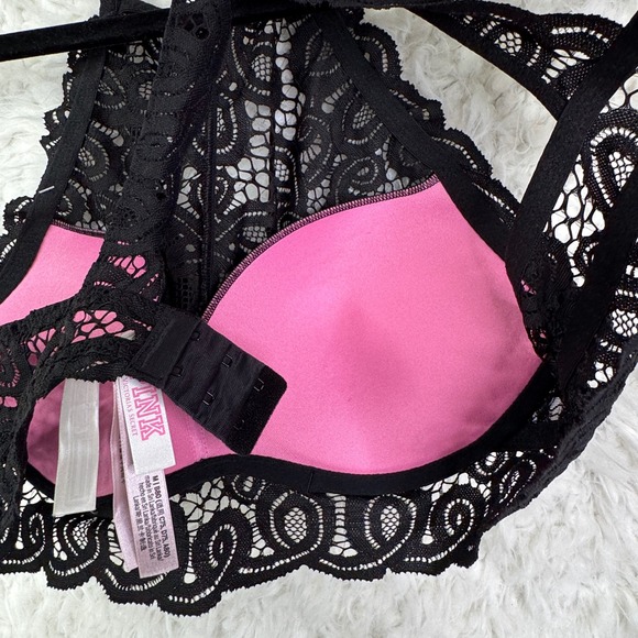 PINK Victoria's Secret Womens Black Lace High Neck Push Up Bralette Bra Size M - Picture 9 of 10